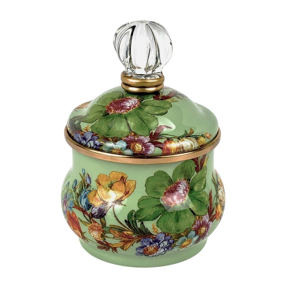 NEW MacKenzie-Childs Green Flower Market Enamel Lidded Sugar Bowl 10oz